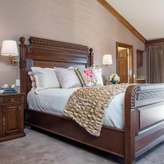 Master Bedroom With Victorian Inspired, Large Wood Bed Frame and Neutral Color Scheme 