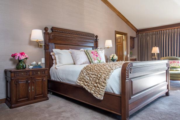 Master Bedroom With Victorian Inspired Large Wood Bed Frame