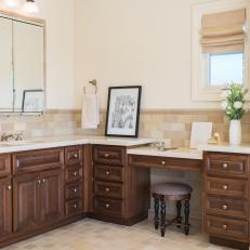 Traditional Master Bathroom Featuring Walnut Cabinets, Ceramic Tile and Mirror Medicine Cabinet