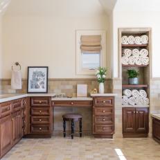 Traditional Master Bathroom With Built in Shelving, Walnut Cabinets and Ceramic Tiles 
