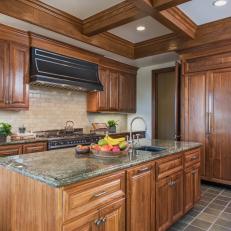 Traditional Kitchen With Walnut Cabinets and Matching Coffered Ceiling 