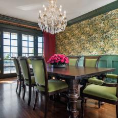 Traditional Dining Room With Floral Green Wallpaper, Chandelier and Velvet Details 
