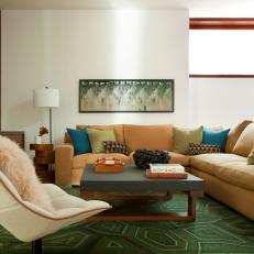 Midcentury Living Room With Green Rug
