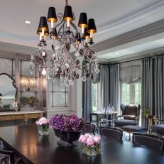 Gray Traditional Dining Room With Purple Flowers