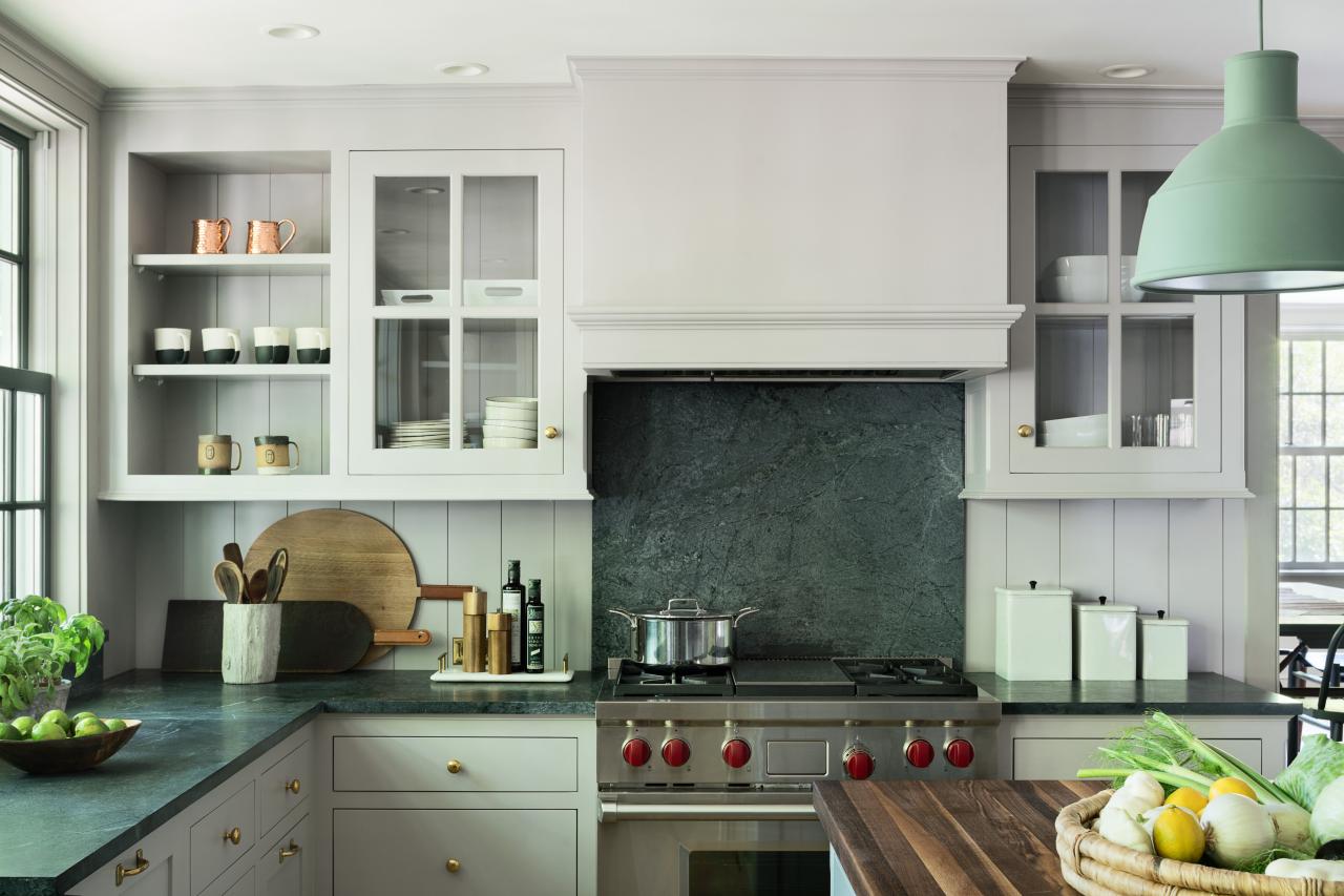 White Farmhouse Kitchen With Green Marble Countertop Hgtv White Farmhouse Kitchen With Green