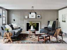 Gray, Modern Living Room in Renovated Farmhouse