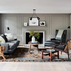 Gray, Modern Living Room in Renovated Farmhouse