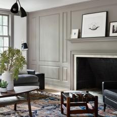 Gray Farmhouse Living Room with Modern Furniture, Art