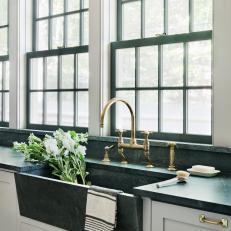Green Marble Apron Sink in Renovated Farmhouse Kitchen