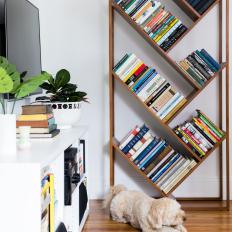 Living Room Includes Floor-to-Ceiling Bookcase