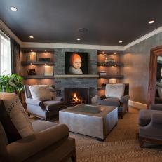 Neutral Transitional Living Room With Portrait