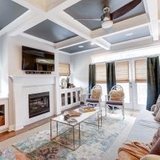 Contemporary Living Room With Gray Coffered Ceiling