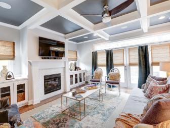 Living Room With Gray Coffered Ceiling