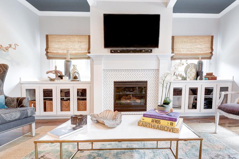 Living Room With Striped Fireplace