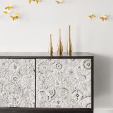 Magical Dining Room With Gold Butterflies, Floral Buffet