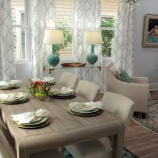 Contemporary Neutral Great Room with  Upholstered Dining Chairs 