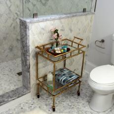 Contemporary White Bathroom with Gold Bar Cart