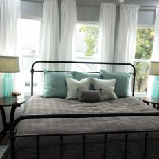 Contemporary Gray Master Bedroom with Bay Window