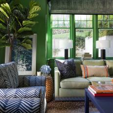 Green Living Room With Blue Armchairs