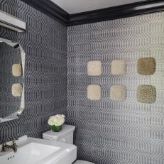 Contemporary Powder Room With Striped Wallpaper