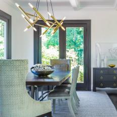 Gray Transitional Dining Room With Gold Chandelier
