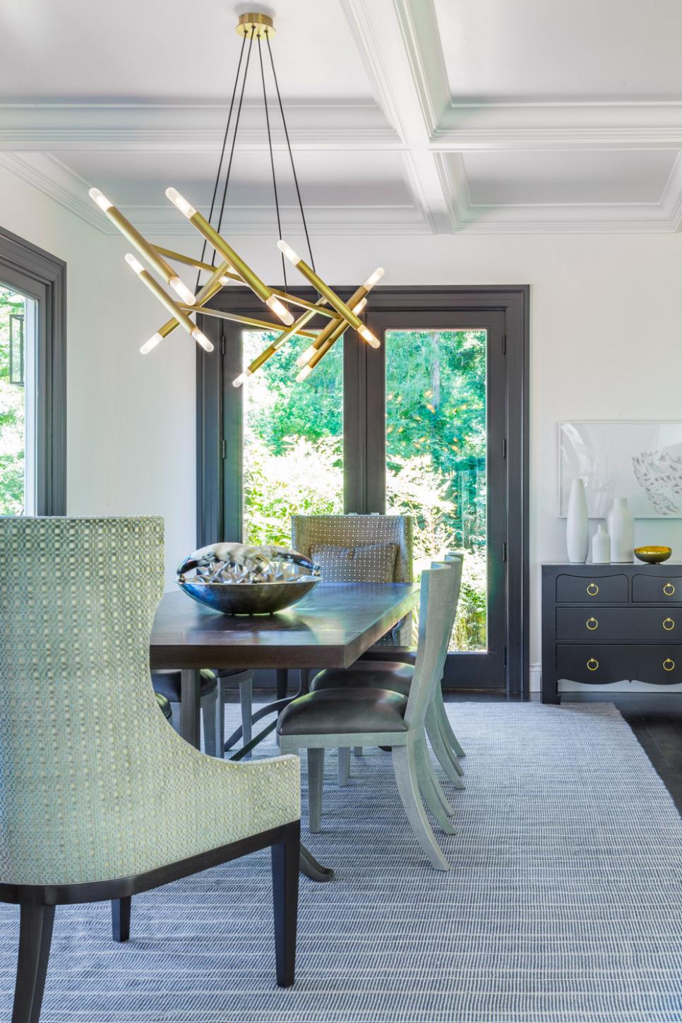 Gray Transitional Dining Room With Gold Chandelier | HGTV