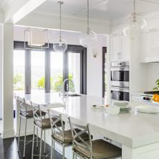 White Transitional Open Kitchen With Globe Pendants