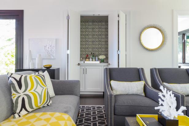 Contemporary Gray Living Room With Yellow Accents | HGTV