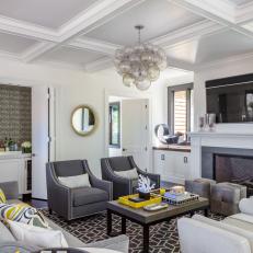 Gray Transitional Living Room With Yellow Tray