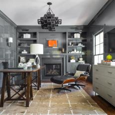 Gray Contemporary Office With Fireplace