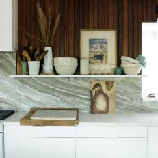 Gray and White Marble Backsplash in Updated Midcentury Modern Kitchen Design