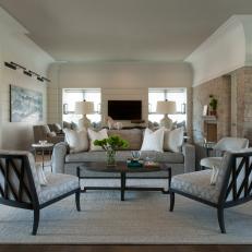 Transitional Living Room With Stone Accent Wall