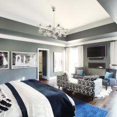 Gray Contemporary Bedroom With Blue Bed Linens