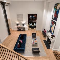 White, Modern Living Room with Blue Velvet Sofa