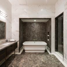 Transitional Master Bath with Marble Walls, Floors