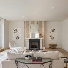 White, Contemporary Living Room with Wallpaper Detail