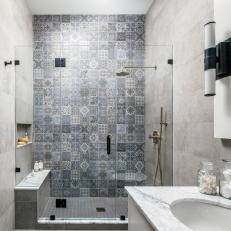 Bathroom With Blue Tile Shower Backsplash