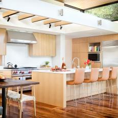 Open Plan Contemporary Kitchen With Leather Stools