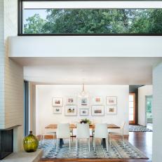 Open Plan Contemporary Dining Room and Brick Fireplace