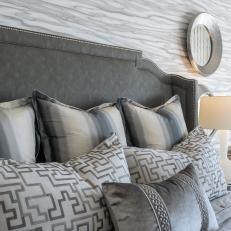 Gray Patterned Throw Pillows in Master Bedroom