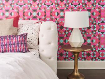 Eclectic Girl's Bedroom With Graphic Wallpaper