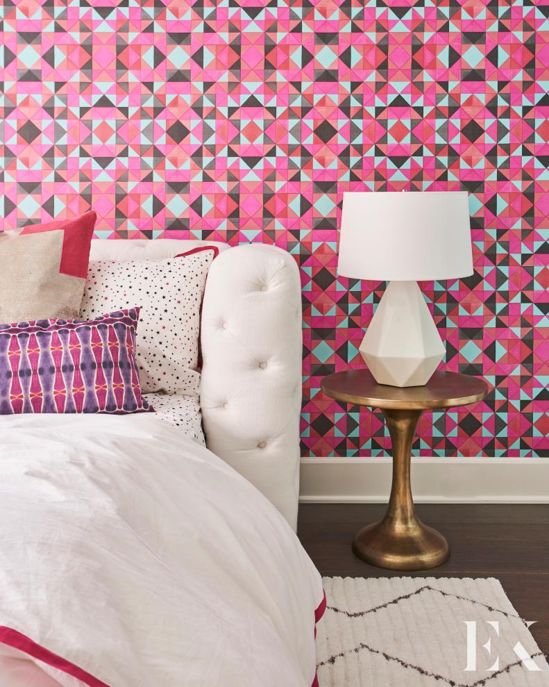 Eclectic Girl's Bedroom With Graphic Wallpaper