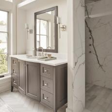 Contemporary Master Bathroom With Marble Shower