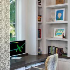 Transitional Home Office With Open Shelves