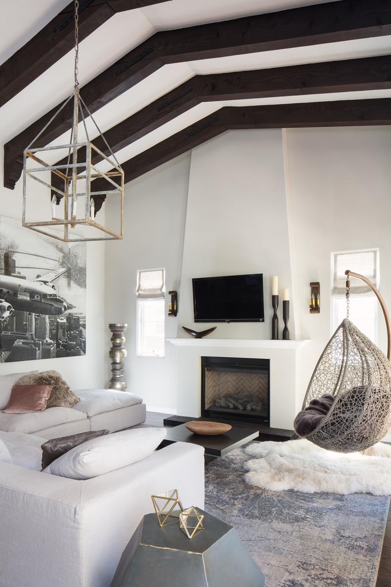 Exposed Ceiling Beams in White Living Room