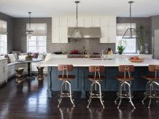 Eat-In Kitchen With Pendant Lights Over Large Blue-Gray Island