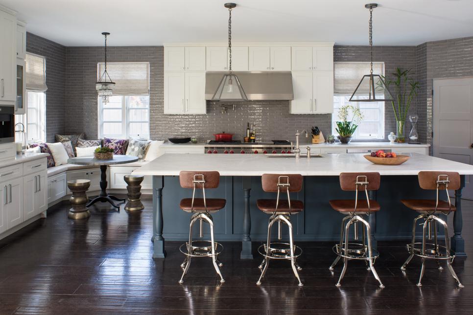 Eat-In Kitchen With Pendant Lights Over Large Blue-Gray Island