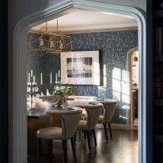 Traditional Formal Dining Room With Blue Wallpaper