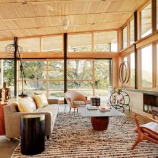 Midcentury Open Plan Living Room With Windows
