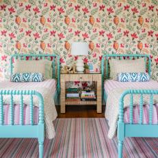 Eclectic Multicolored Girls' Bedroom With Wallpaper
